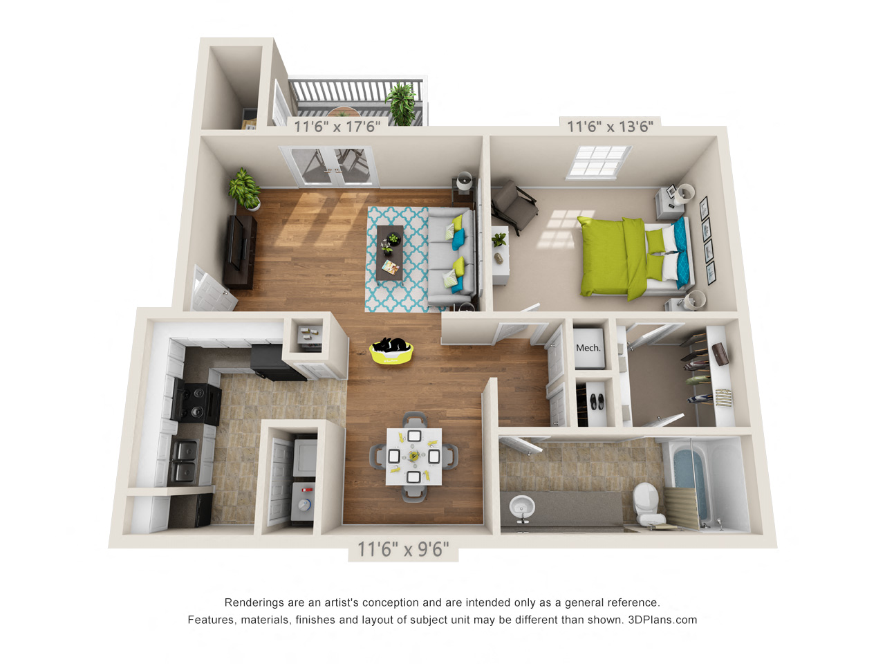 Floor plan for 1 bed, 1 bath, 795 sqft